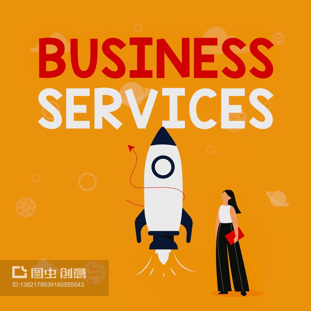 靈感顯示標志商務(wù)服務(wù)。概念含義提供無形產(chǎn)品簿記信息技術(shù)會計插圖休閑女孩站在火箭船旁邊準備發(fā)射